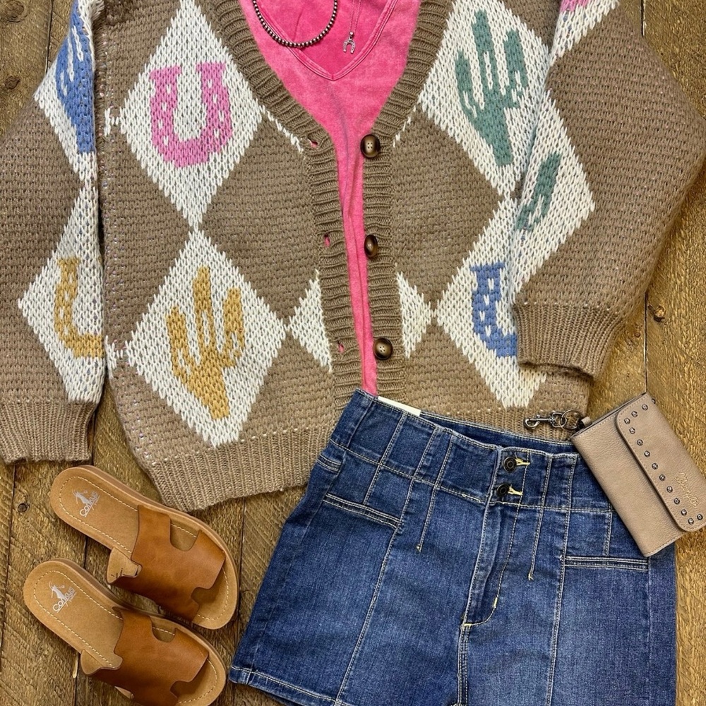 Trendy Beige Sweater with Colorful Cactus Design
